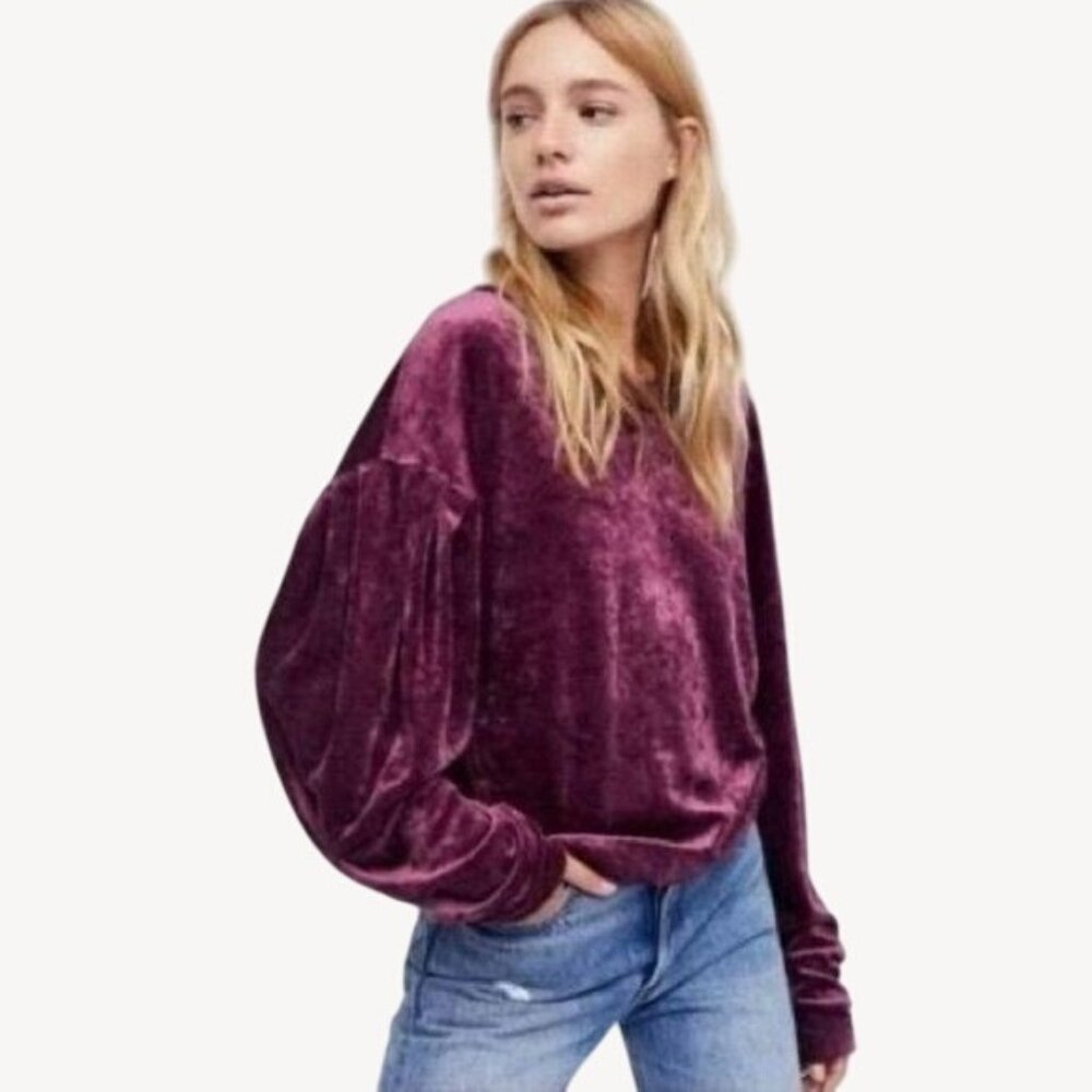 Free People Burgundy Velvet Dolman Sleeve Relaxed Fit Slouchy Top